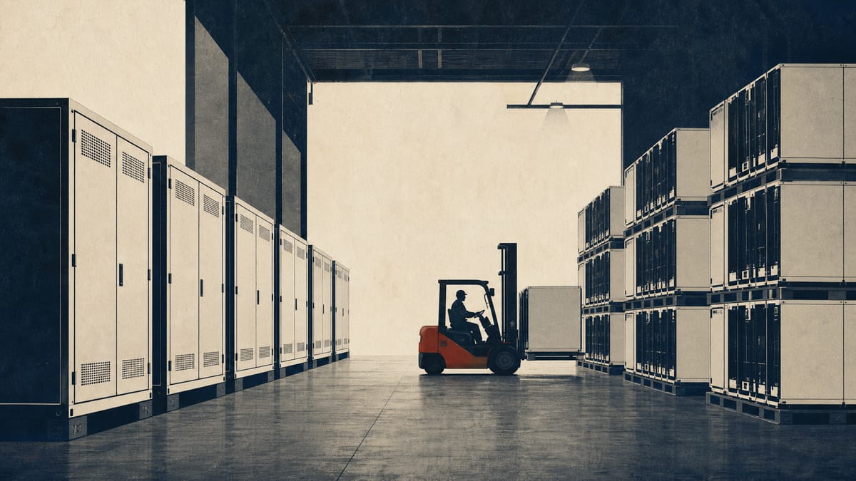 Rows of grid-scale battery storage containers and pallets stacked inside a warehouse, with a forklift positioned between them as if preparing shipments.