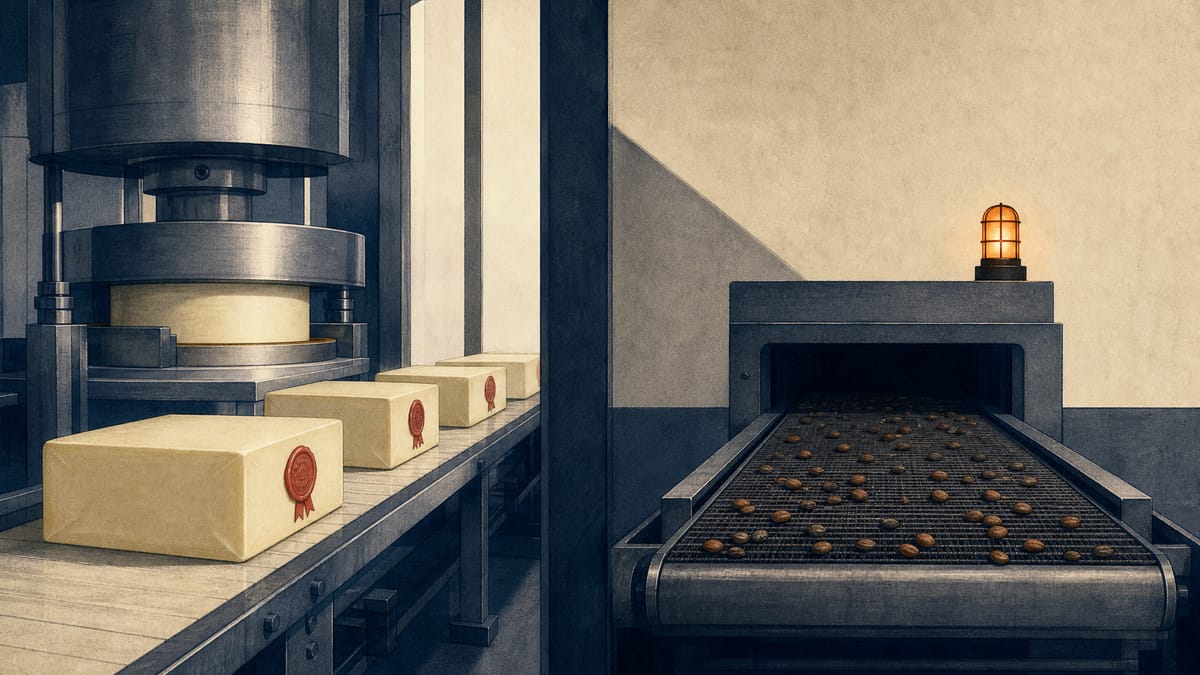 Illustration of a food factory floor with active cheese-production machinery on one side and an idle nut-conveyor line marked by a warning light on the other, representing cost pressure and a production halt.