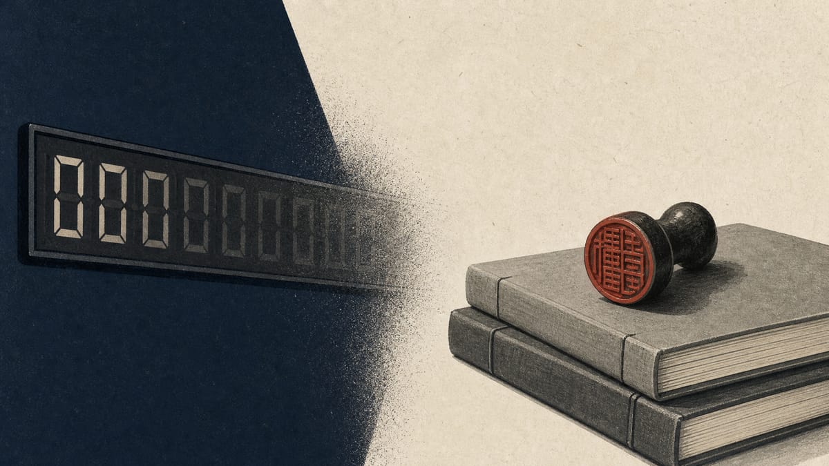 Illustration of a stock listing fading to blank beside a court administrator's seal on closed ledger books, representing an earnings blackout ahead of a delisting.