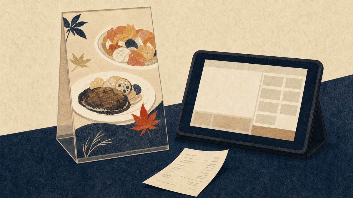 Editorial photo of a Japanese family-restaurant table with a seasonal menu card and a digital ordering tablet, evoking casual dining pricing and promotions.