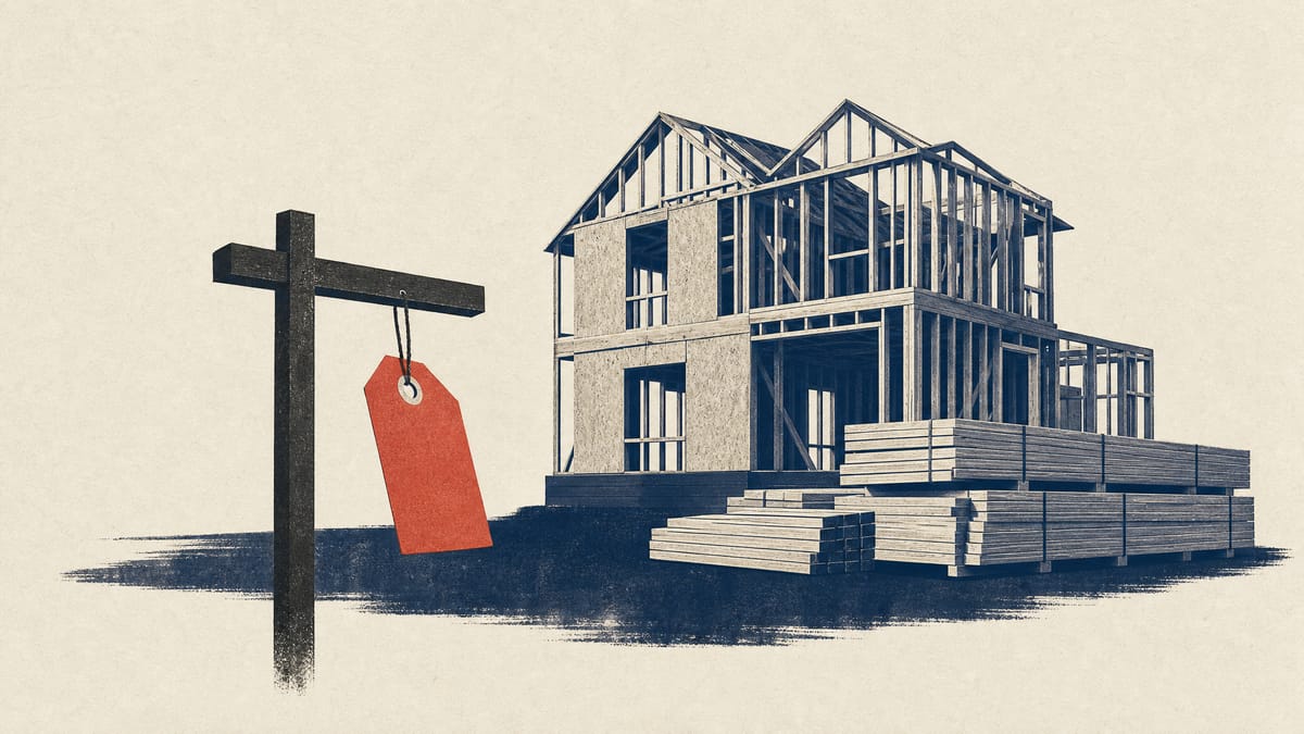 A partially framed wood house at a US suburban construction site with stacked lumber and a small discount tag on a nearby sign post, evoking a homebuilder cutting prices to move inventory.