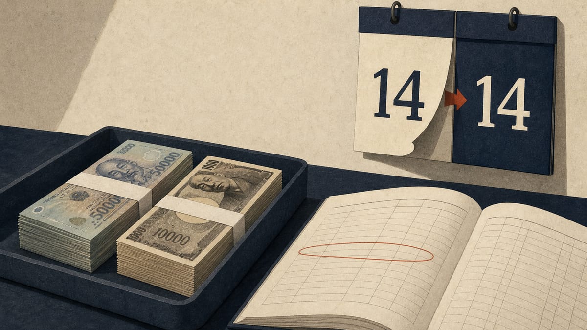 Editorial illustration of banknote stacks beside a ledger with a circled entry and a calendar showing a shifted filing deadline.