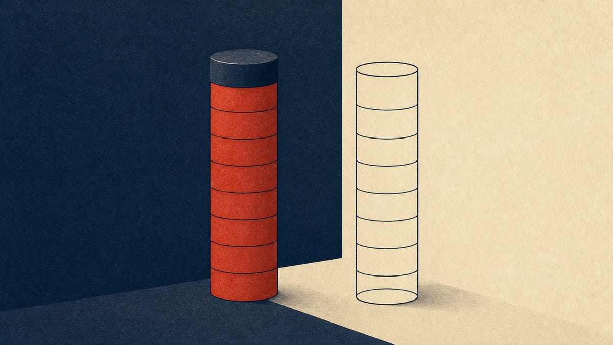 Abstract illustration of two capital gauges, one full and capped and one empty, symbolizing a completed buyback program next to an untouched one.