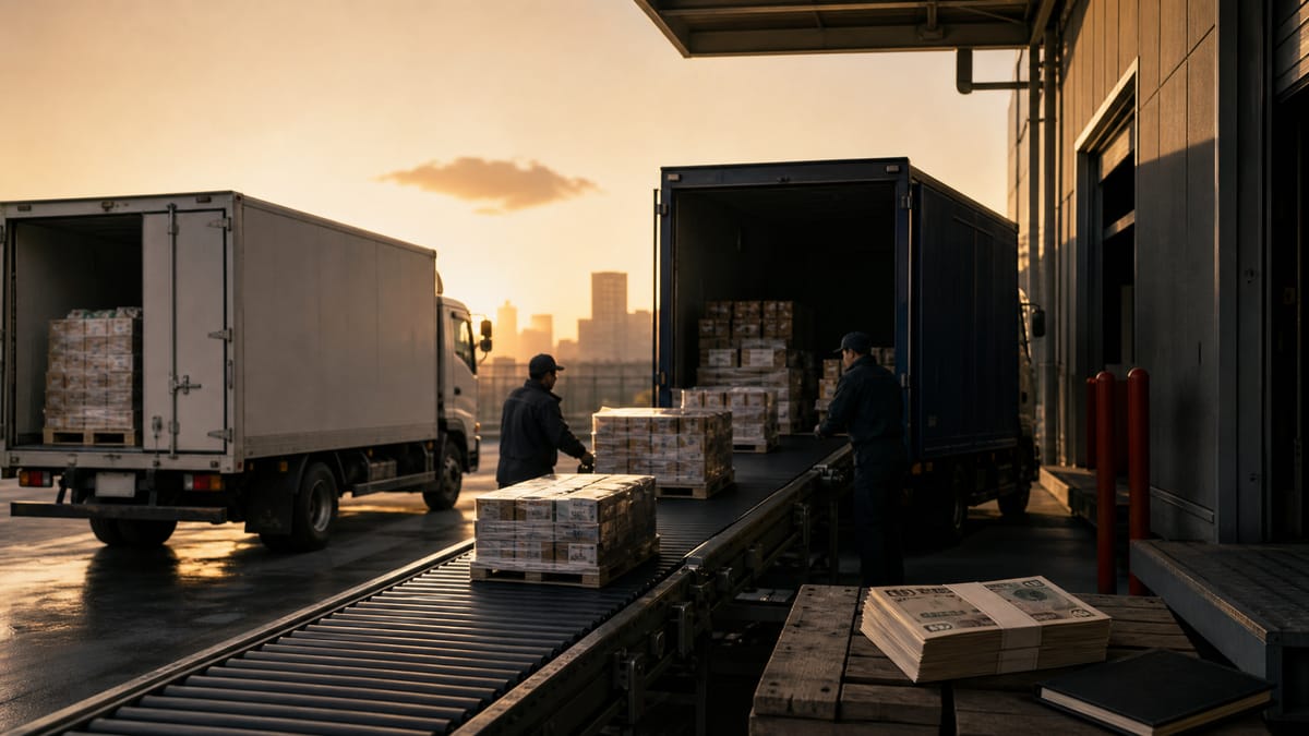 Illustration of two supermarket delivery fleets merging pallets of groceries onto one loading dock conveyor, with a stack of yen banknotes beside it symbolising acquisition financing costs.