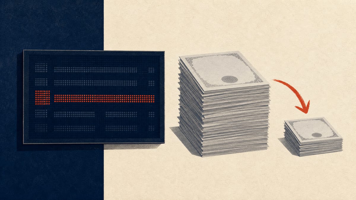 Abstract illustration of a single large block stock trade consolidating a stack of shares into a smaller pile, representing a completed corporate share buyback.