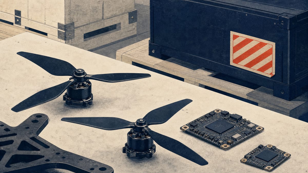 Drone components and circuit boards on an assembly bench with unmarked shipping crates in the background, evoking cross-border parts sourcing.