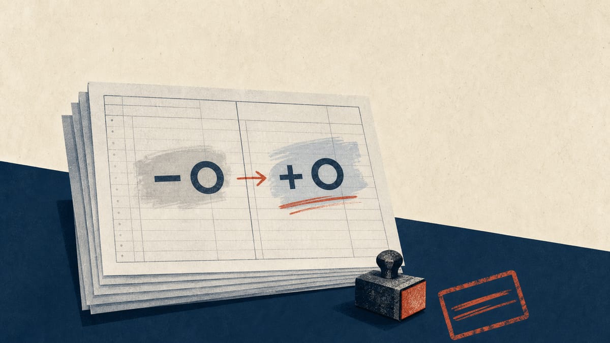 Illustration of financial ledger pages with red revision marks turning a negative balance into a positive one, symbolizing a corporate accounting restatement.