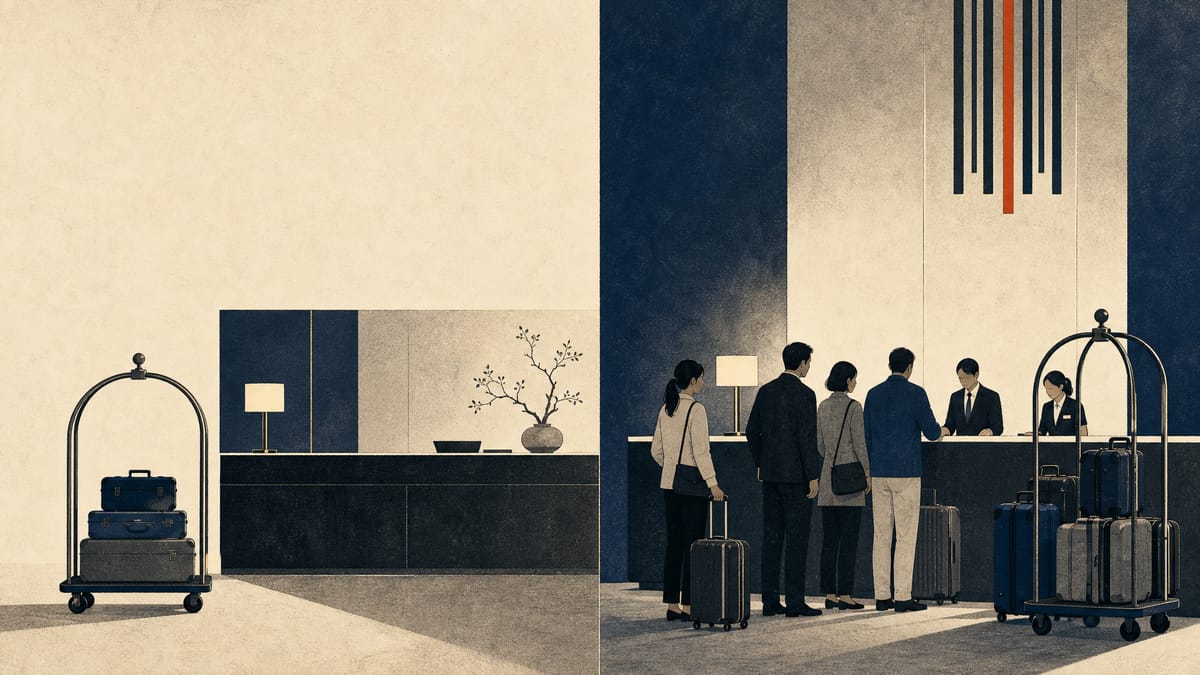Split editorial image contrasting a quiet Kansai hotel lobby with sparse luggage against a busier hotel front desk, symbolizing diverging hotel occupancy between Osaka and Tokyo.