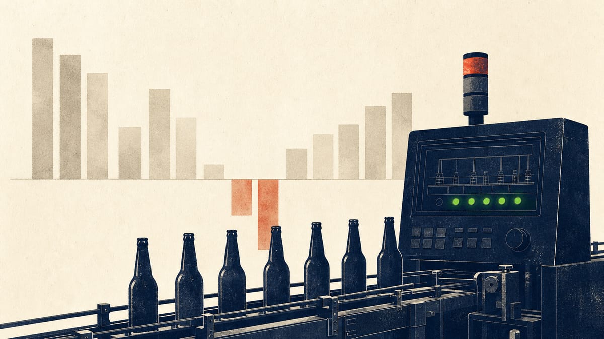 Illustration of a brewery bottling line with digital control panels and background yen segment charts, evoking Asahi's post-cyberattack systems recovery and regional earnings mix.