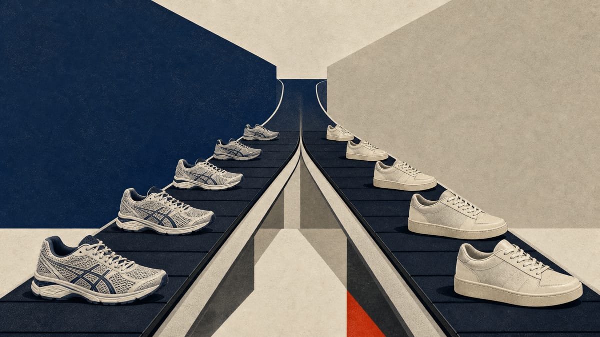 A shoe factory conveyor system split into two lines, one for performance running shoes and one for lifestyle sneakers, representing a sportswear company dividing its brand operations.