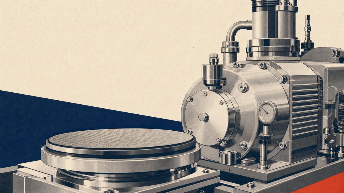 Close-up of precision vacuum pump and polishing equipment components used in semiconductor manufacturing, arranged along an industrial production line.
