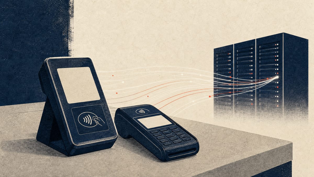 Editorial illustration of point-of-sale payment terminals connected by abstract data-flow lines to a server rack, representing payment transaction volume.