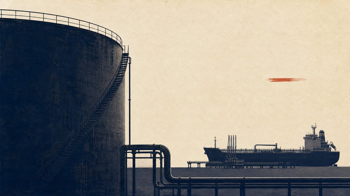 Photograph of oil refinery storage tanks and pipelines with a tanker silhouette on the horizon, evoking Idemitsu's crude-oil supply chain.