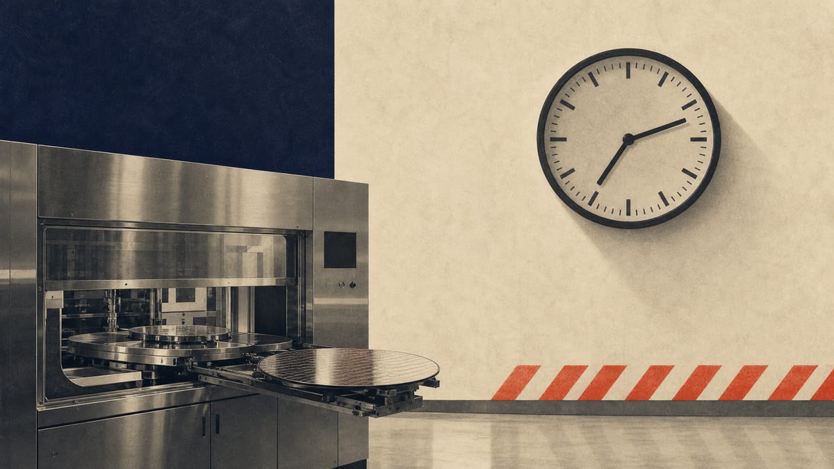 Editorial illustration of semiconductor cleaning equipment on a factory floor with an industrial wall clock in the background, evoking a compliance deadline.
