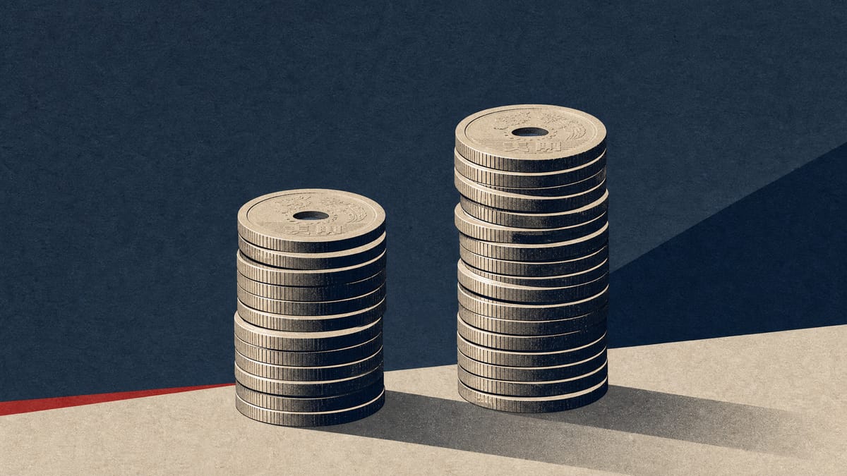 Illustration of two competing stacks of yen coins of uneven height, symbolizing a rival bidding war over a company's shares.