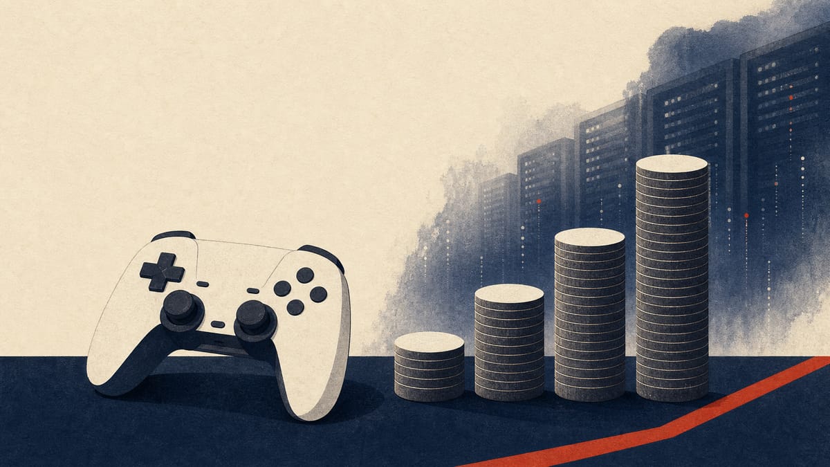 Illustration of a game controller next to a rising bar chart of coin stacks and glowing server racks, representing a video game company's earnings growth.