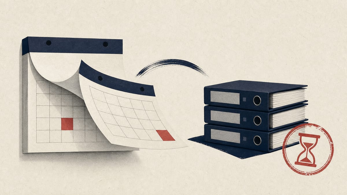 Illustration of a calendar advancing from mid-August to late October beside a stack of financial report binders, symbolizing a delayed filing deadline