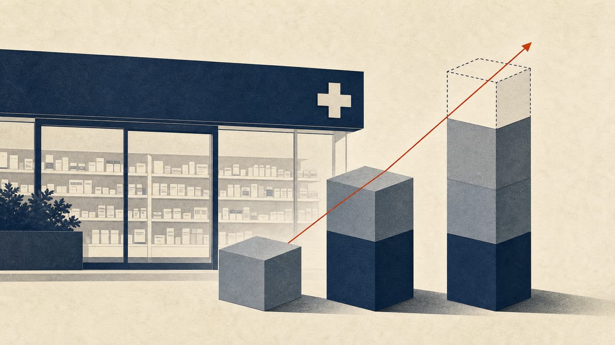 Illustration of a pharmacy storefront beside abstract stacked blocks representing a growing shareholding stake, with no readable text.