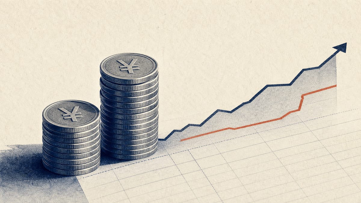 Illustration of stacked yen coins and a rising interest-rate line chart representing a regional bank's higher lending yields.