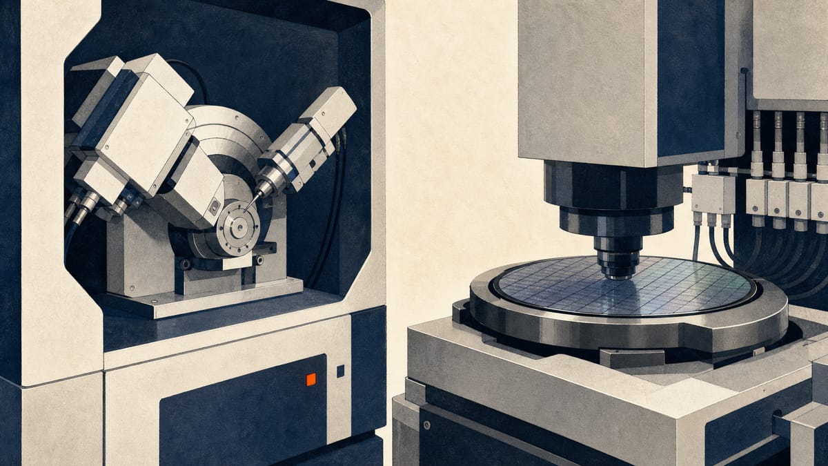 Illustration of an X-ray diffraction metrology instrument positioned next to a semiconductor wafer inspection tool on an industrial floor.