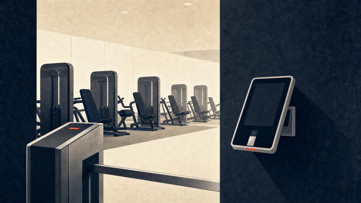 Editorial illustration of an unstaffed convenience gym interior with compact exercise machines and a keycard entry gate, representing RIZAP's chocoZAP expansion.