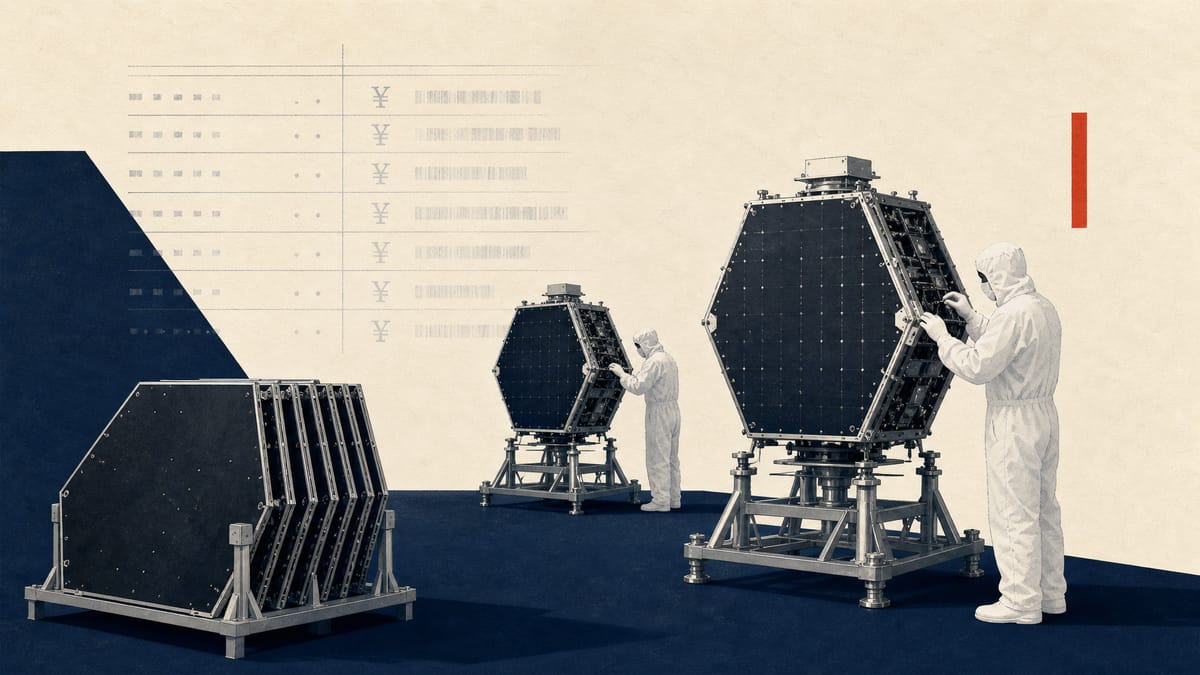 Technicians in a clean room assemble small radar-imaging satellites, with abstract financial figures faintly overlaid in the background.