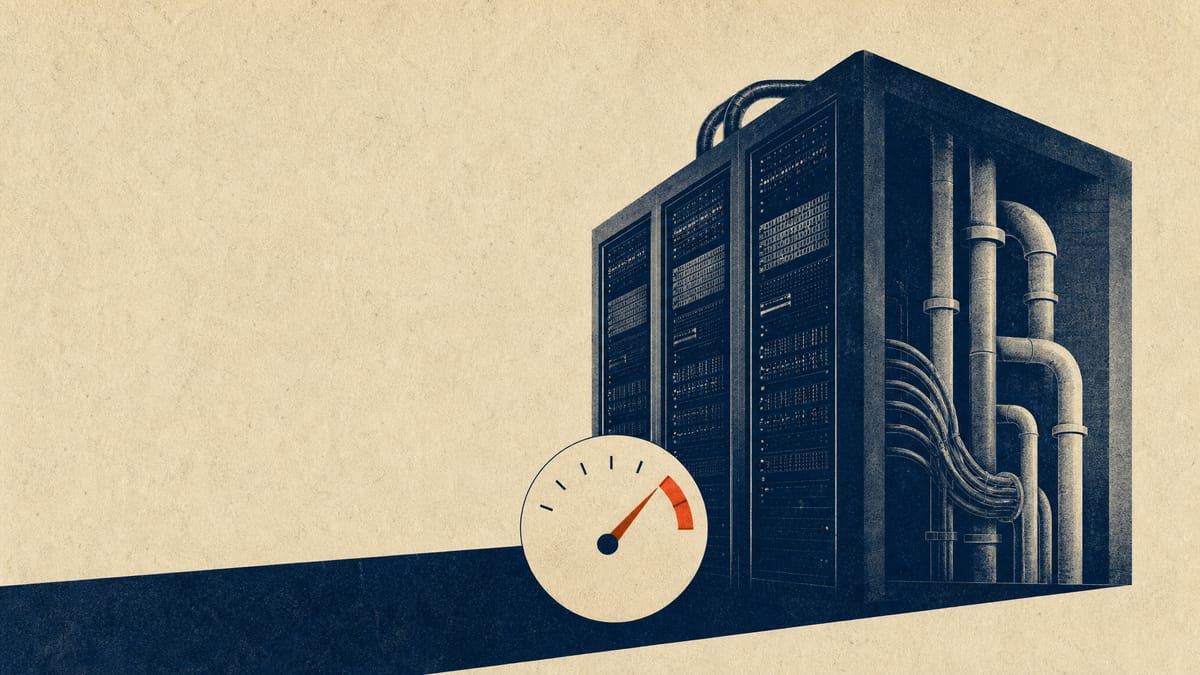 Illustration of data center server racks with a rising usage meter, symbolizing escalating cloud and AI computing costs.