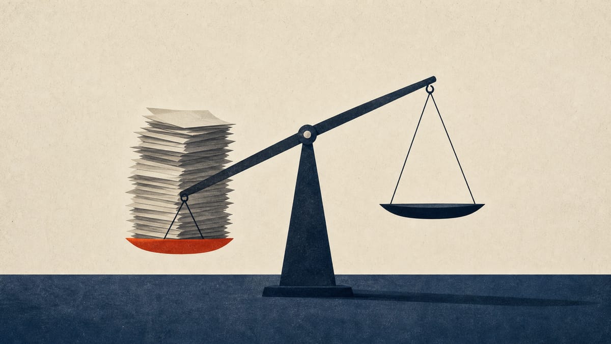 Illustration of a tilted balance scale with a heavy stack of papers outweighing a light stack, symbolizing a company's negative net worth.