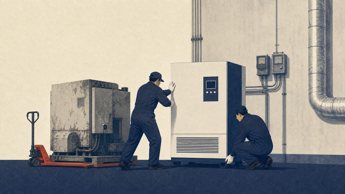 Workers at a small Japanese factory installing new energy-efficient machinery to replace older equipment.