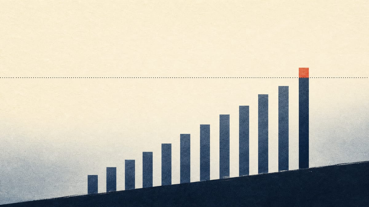 Abstract illustration of ascending bar-chart columns approaching a dotted threshold line, representing an investor's rising ownership stake.