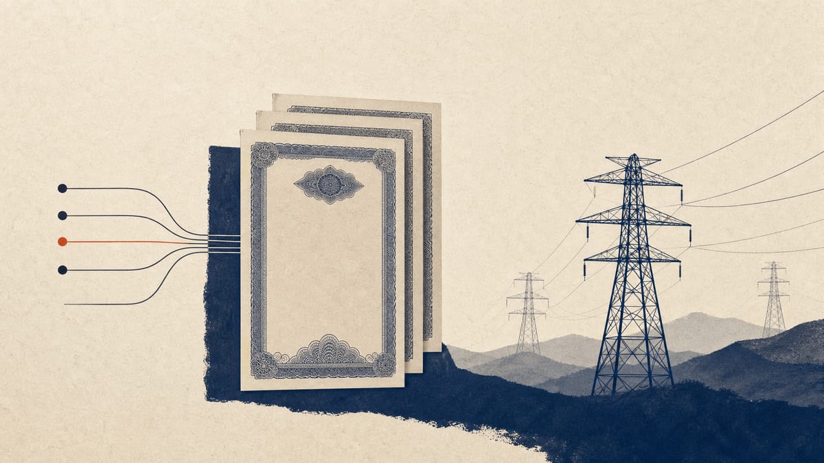 Illustration of stock certificate outlines layered against electricity transmission towers, with thin lines suggesting bank financing flowing into the shareholding.