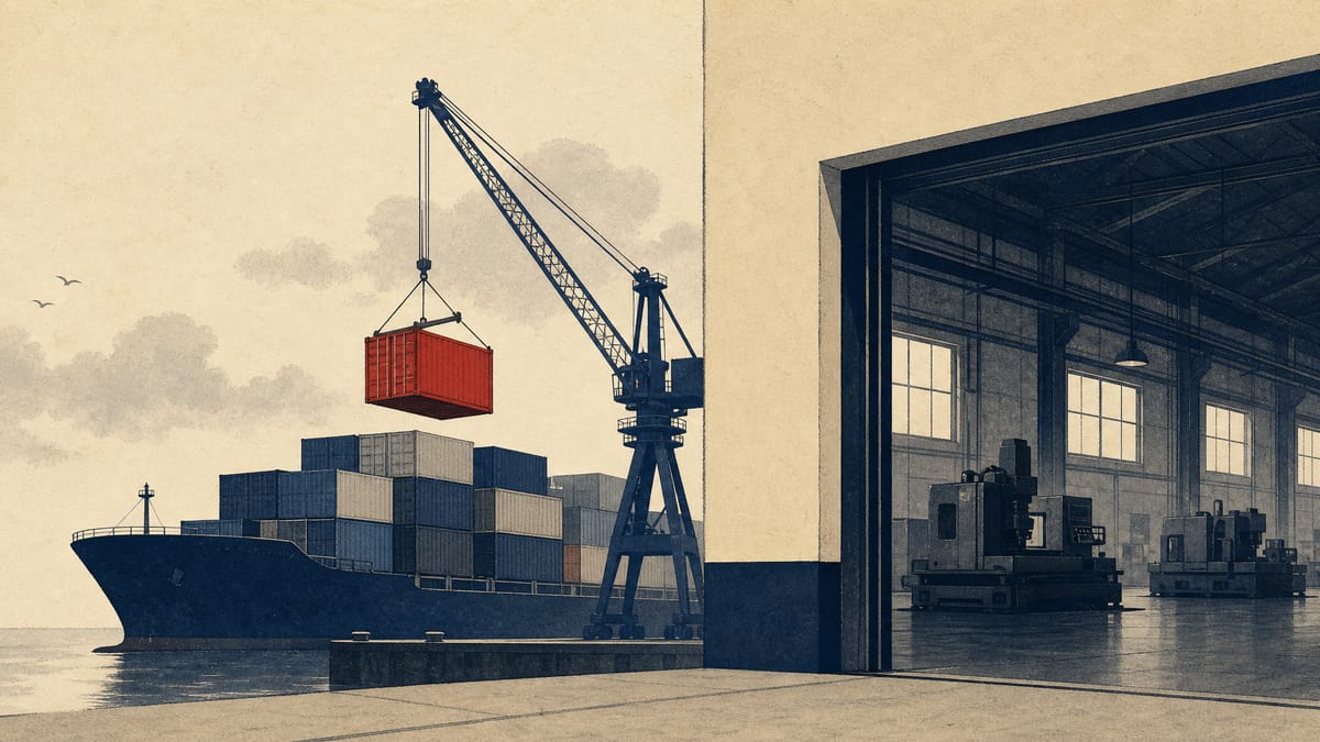 Editorial illustration contrasting a busy container port with an idle factory floor, representing Japan's export-led growth against weak business investment.