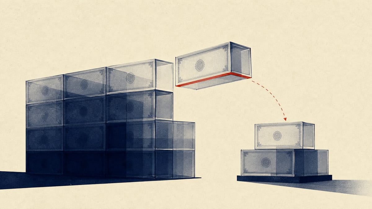 Abstract illustration of translucent share-ownership blocks being separated and re-stacked, representing a corporate buyout with a shareholder buyback and reinvestment.