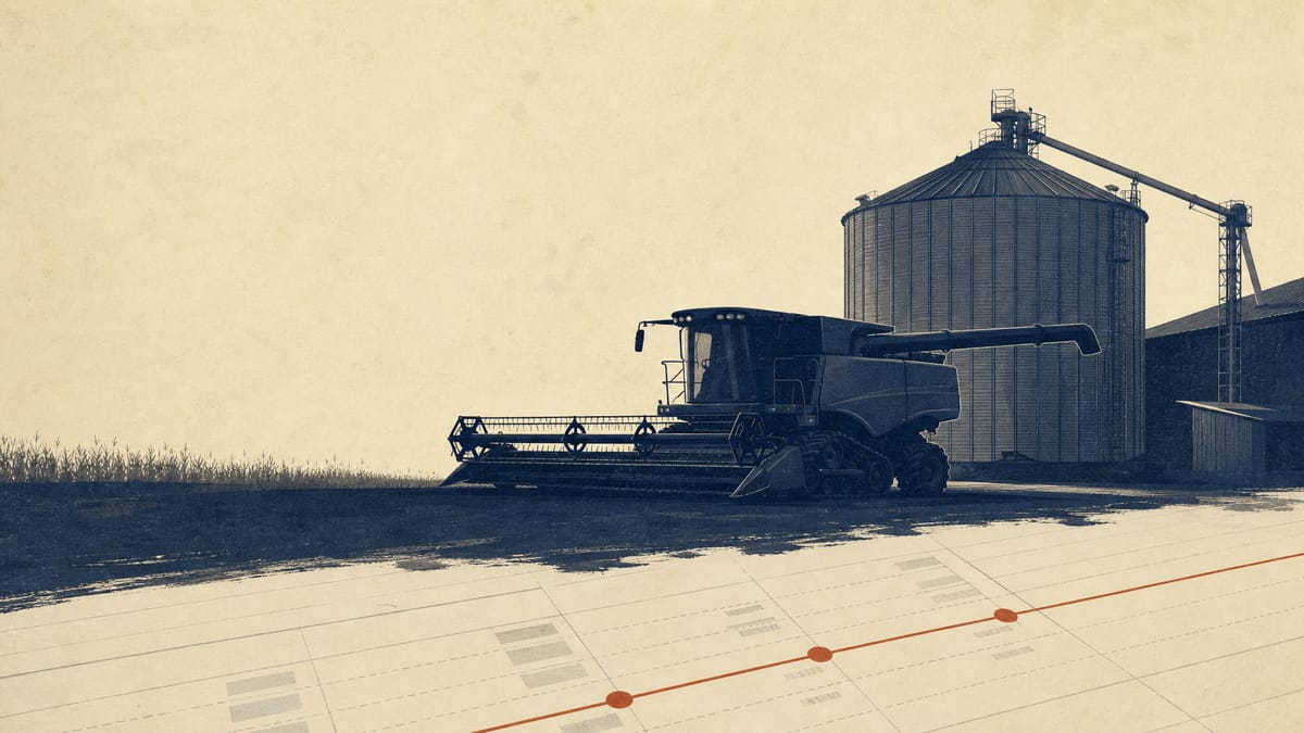 A combine harvester and grain silo with a subtle abstract overlay suggesting agricultural loan financing figures in yen.