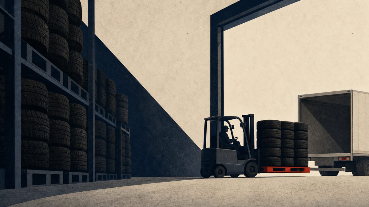 Editorial illustration of a large stack of automotive tires in a warehouse being moved on a forklift, symbolizing a major shareholding changing hands.