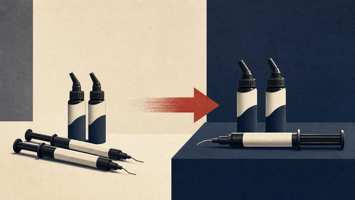 Illustration of dental-care manufacturing materials on a lab bench with an abstract arrow suggesting a transfer of corporate oversight.