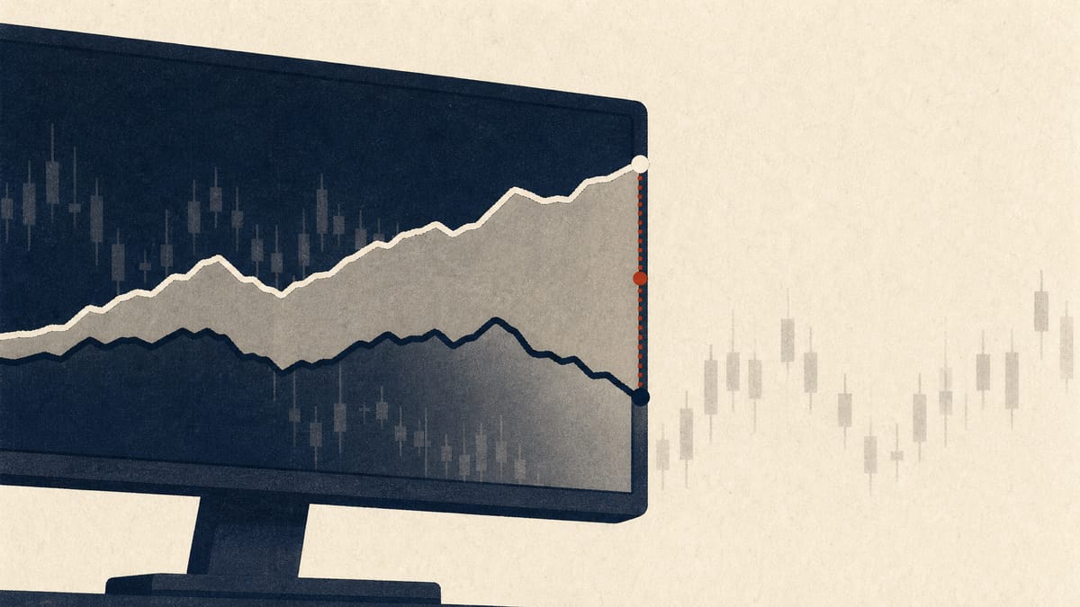 Illustration of two diverging price lines, representing an exchange-traded fund's net asset value and its market trading price, widening apart against an abstract trading-chart background.