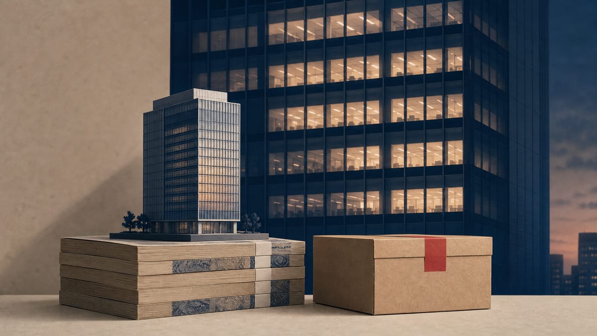 Editorial illustration of an office tower facade at dusk with a small building model and yen ledgers in the foreground, symbolizing a REIT trading properties.