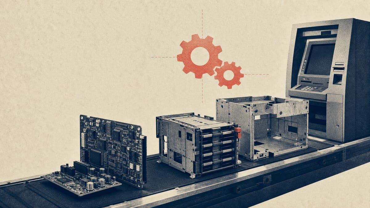 Editorial illustration of ATM hardware components on a manufacturing line beside an abstract interlocking-gear diagram representing a shared ownership split.