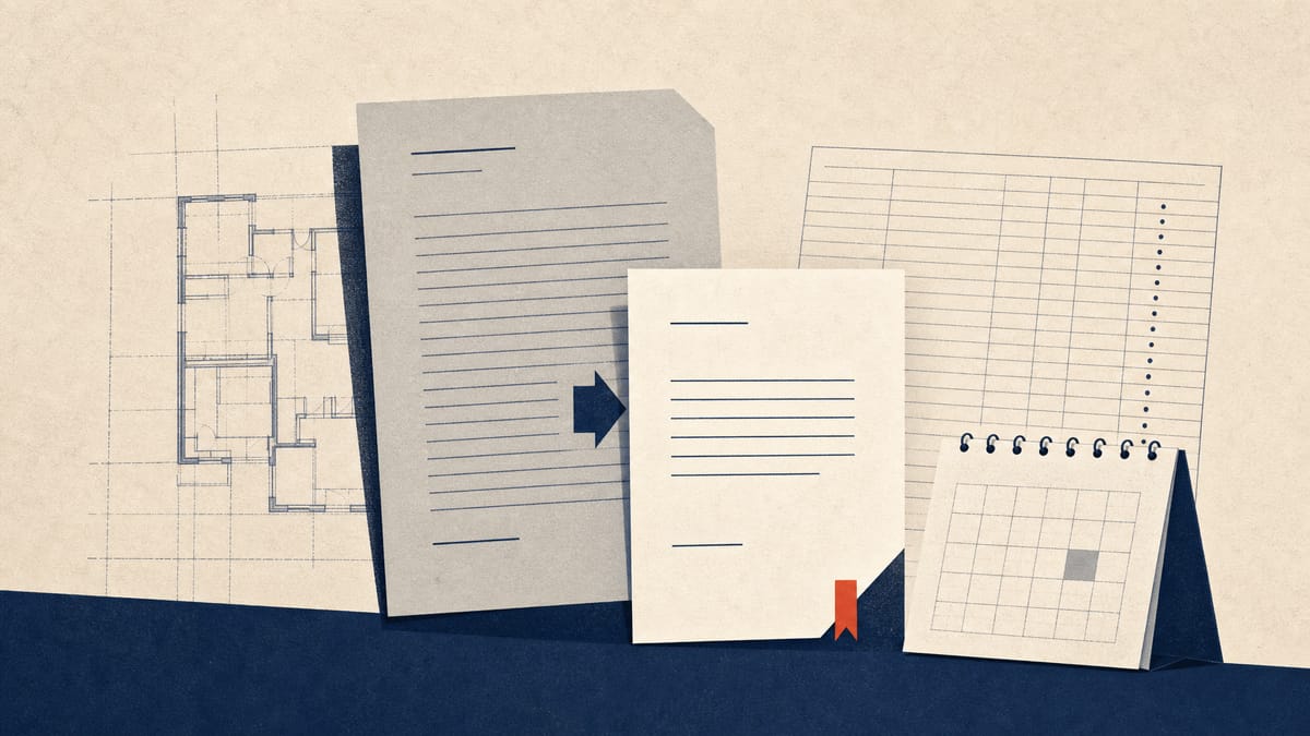 Illustration of a short-term loan document layered over a property blueprint and a receivables ledger, symbolizing a one-month syndicated borrowing secured against company assets.