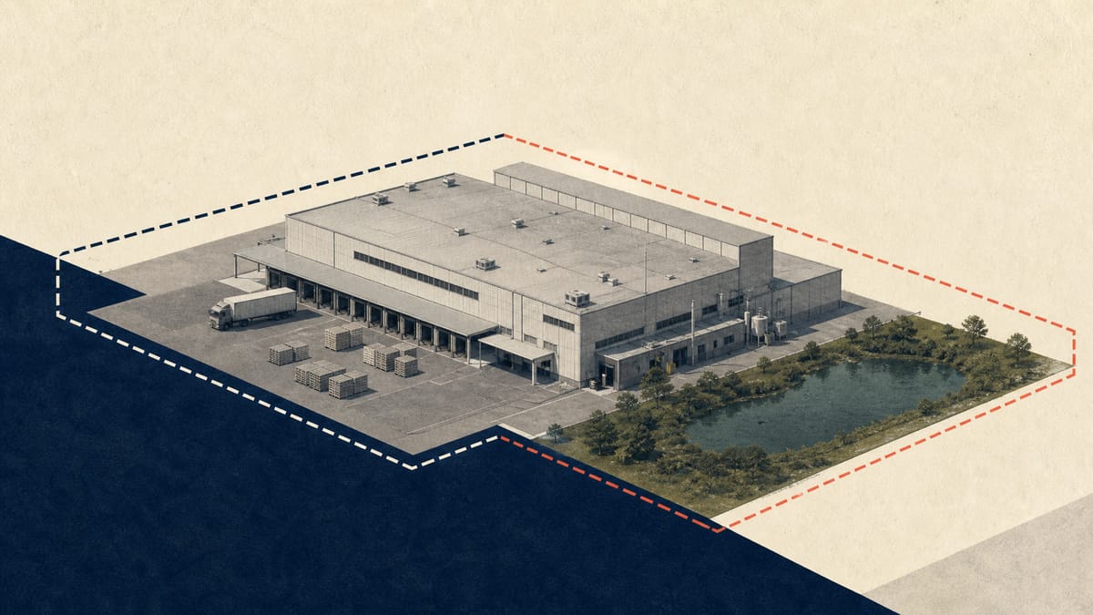 Illustration of an industrial factory complex with loading docks and a retention pond, with a faint boundary overlay suggesting the building has changed ownership while operations continue.