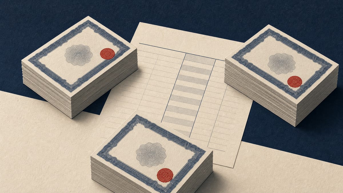 Illustration of three equal stacks of stock certificates around a ledger page, representing a completed three-way treasury share allotment.