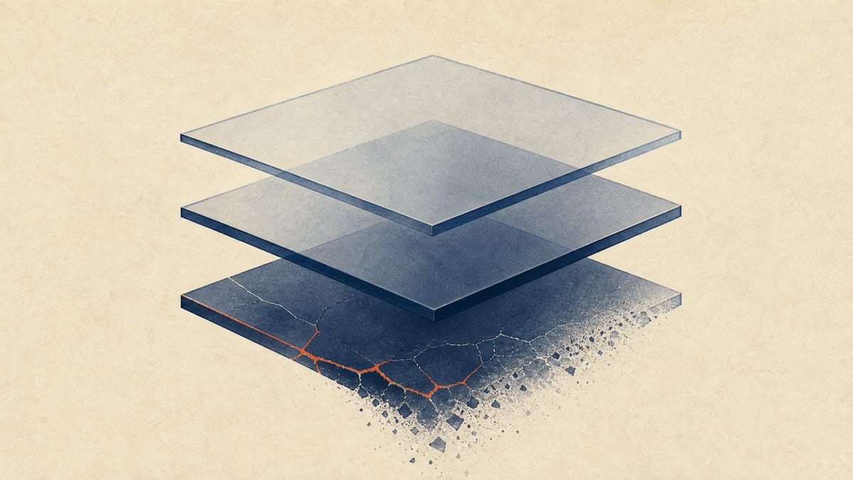Illustration of stacked translucent capital layers with the lowest layer cracked, symbolizing the write-down risk on a bank's subordinated bond.