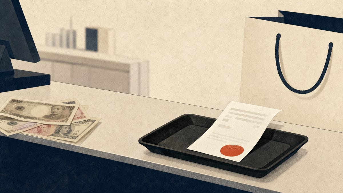 A stylized department store checkout scene suggesting duty-free tourist purchases, with a receipt slip, shopping bag and foreign currency notes.