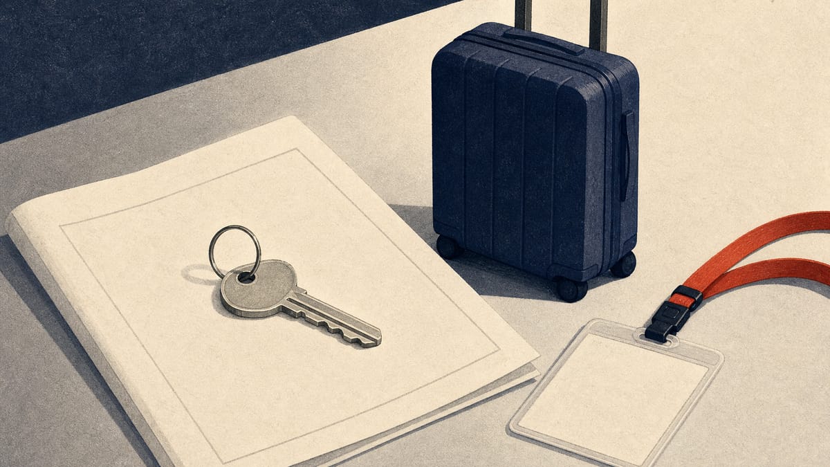 An apartment key, a small suitcase and a blank temporary employee badge arranged on a desk, symbolizing subsidized housing for foreign interns hosted by Tokyo businesses.