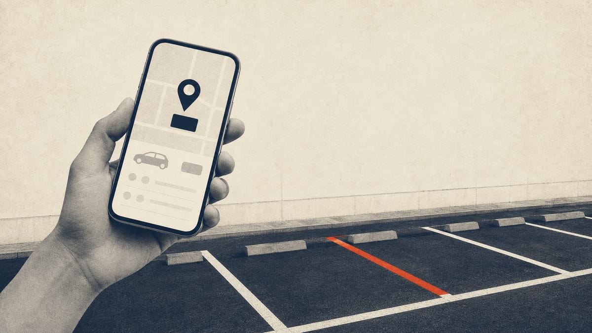 Illustration of a smartphone parking-reservation app being used above a row of numbered urban parking spaces.