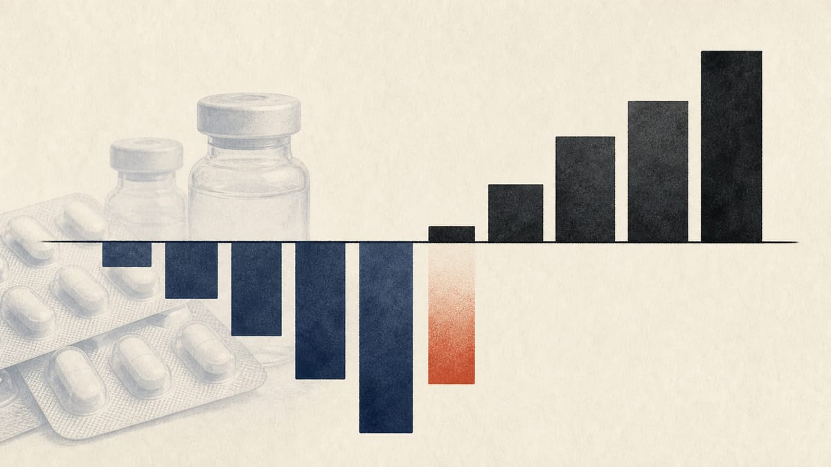 Illustration of a financial bar chart flipping from red to black, overlaid with faint pharmaceutical blister packs and vials, representing an accounting reversal driving a drugmaker's profit swing.