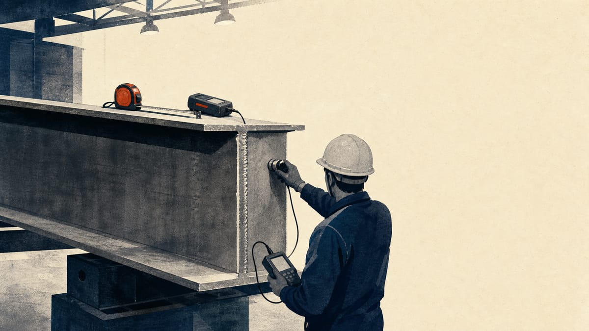 A technician inspects a weld seam on a steel bridge girder with an ultrasonic-testing probe in a fabrication yard.