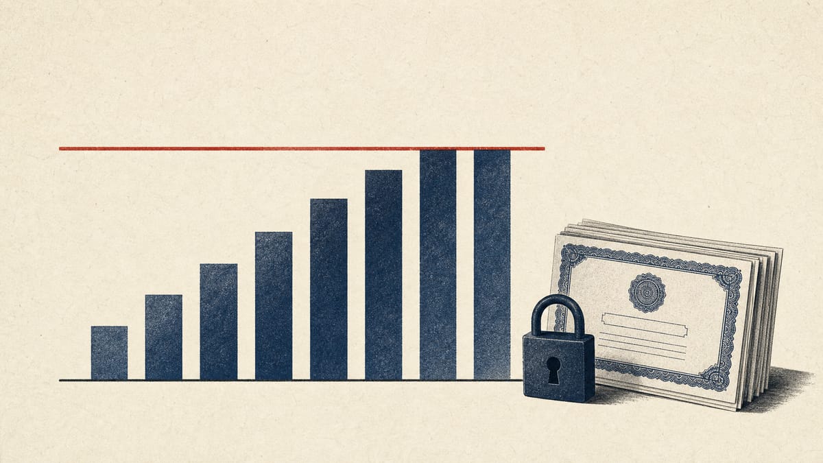 Illustration of a rising bar chart capped by a ceiling line next to a padlock and stock certificates, symbolizing a fixed limit on share dilution.