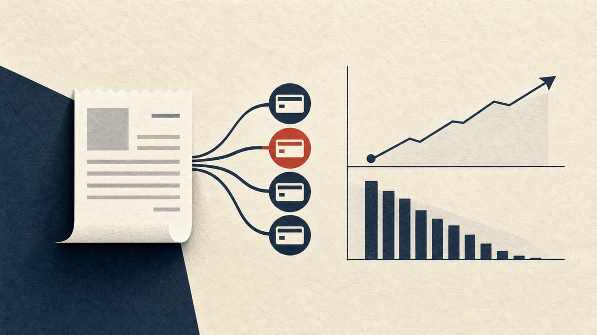 An abstract illustration of an online checkout splitting into installment payment icons beside a rising volume line and a narrowing margin bar, symbolizing buy-now-pay-later growth alongside margin pressure.